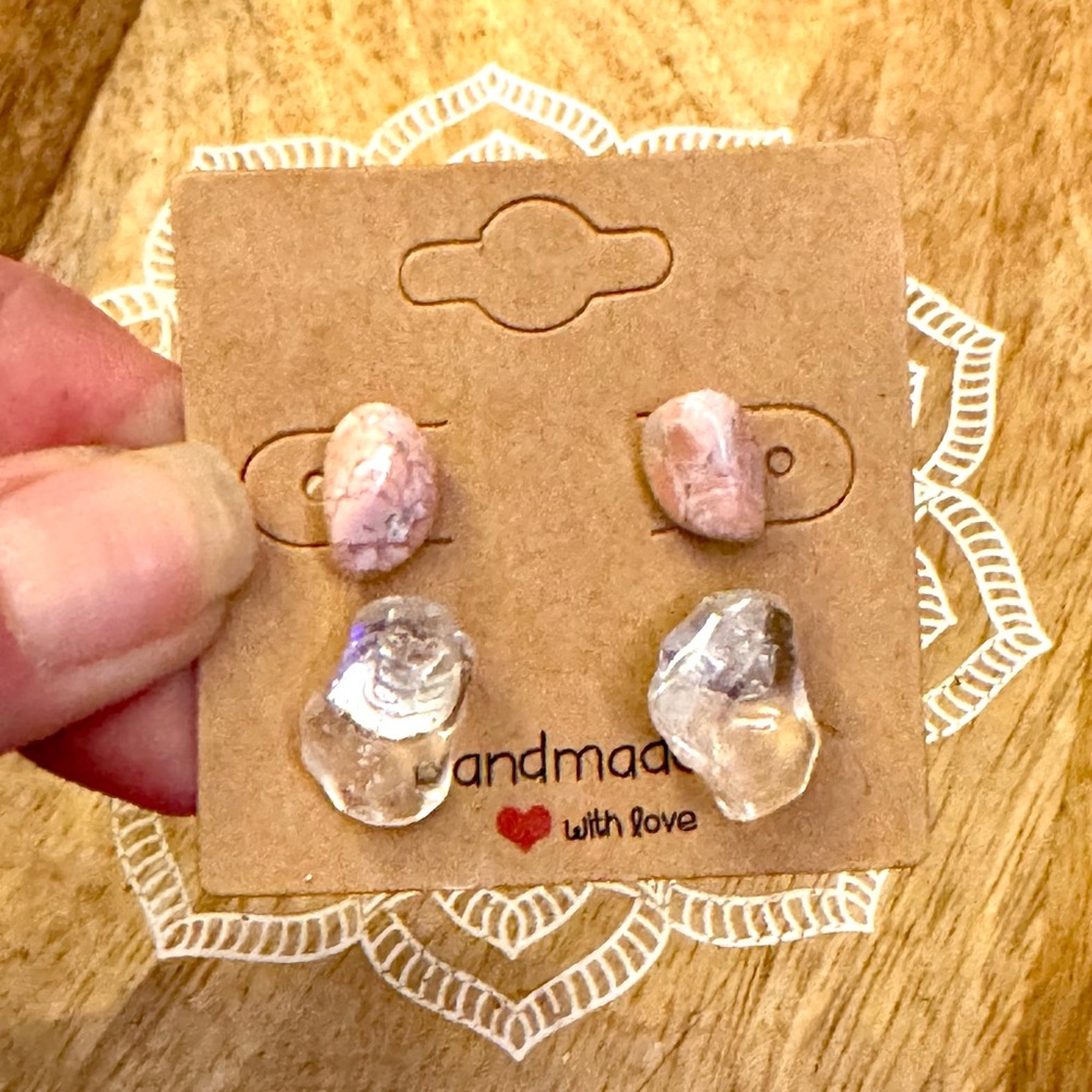 Handmade Crystal Studs Earring Set - Pink Agate Clear Quartz Crystals